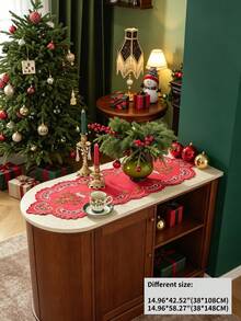 1pc 100% Polyester Embroidered Christmas Table Runner, Red Hollow Cutwork Candle Design Table Scarf, Xmas Holiday Dining Table Centerpiece Decor - Red - View 15