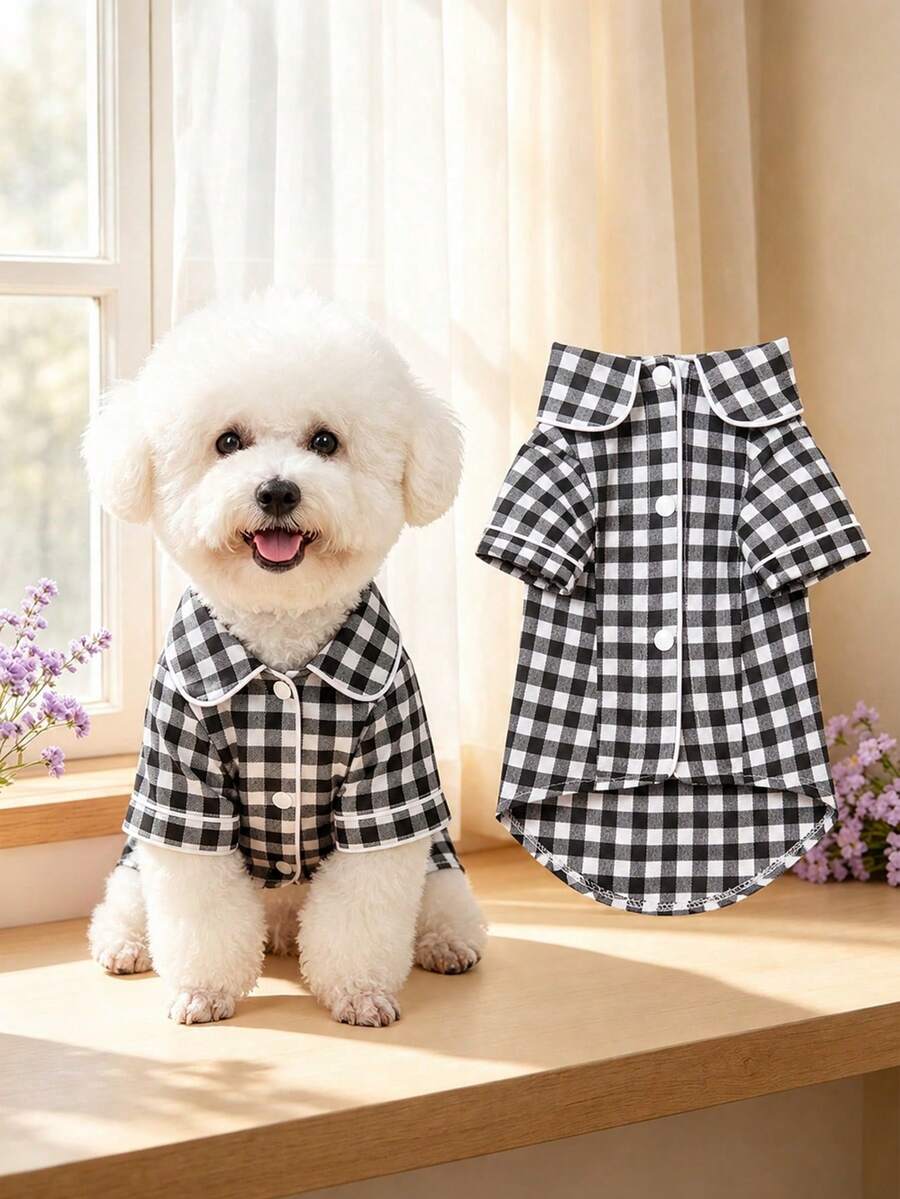 輕量透氣舒適黑白格紋寵物居家服，適合小型犬全年穿著（無彈性布料，建議購買大 1-2 尺寸；中大型犬請謹慎選擇）
