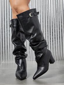 Autumn/Winter Fashion Hot-Selling Women's Pointed Toe Ruched High Heel Suede Knee-High Slip-On Black Elegant Boots - Black - View 1