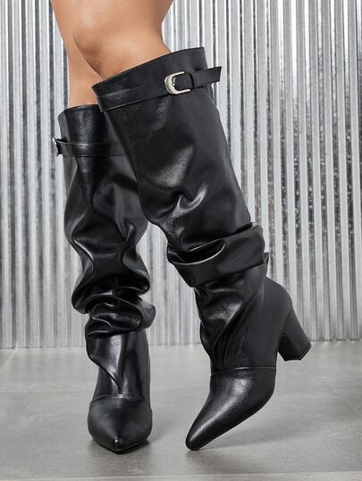 Autumn/Winter Fashion Hot-Selling Women's Pointed Toe Ruched High Heel Suede Knee-High Slip-On Black Elegant Boots
