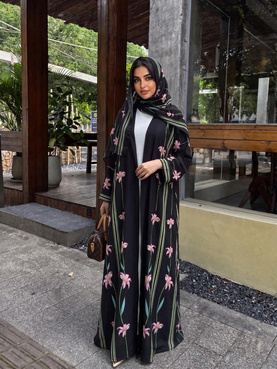 Hafizah Modest Printed Cardigan & Headscarf 2 Pieces Abaya Set For Women Black Wedding Party Fall
