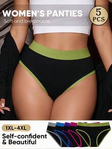 5pcs Women Plus Size Contrast Color Elastic Waist Casual Comfortable Knit Triangle Panties - Multicolor - View 1