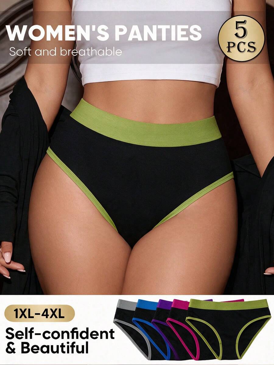 5pcs Women Plus Size Contrast Color Elastic Waist Casual Comfortable Knit Triangle Panties - Multicolor - View 1