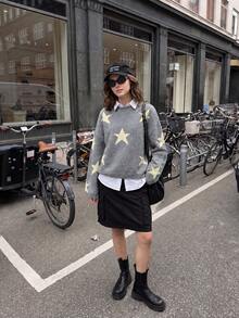 Women's Comfortable Knit Pullover Sweater, Star Pattern, Long Sleeve Round Neck Loose Fit, Suitable For Autumn And Winter - Grey - View 2