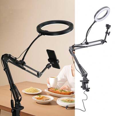 Soporte para teléfono sobre la cabeza con anillo de luz LED, lámpara de escritorio con pinza para extensiones de pestañas, manicura y belleza