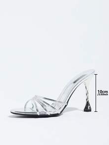 Women's Silver High Heel Sandals With Thin Straps, Open Toe, Spiral Stiletto Heel, Mule Shoes For Party And Commute - Silver - View 7
