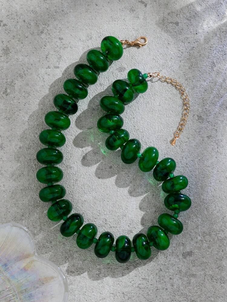 1pc Women's Fashion Minimalist Dopamine Candy Color Exaggerated Beaded Necklace, Versatile For Daily Wear (Random Tie Dye Color, Random Tail Drop) - Dark Green - View 2