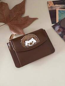 Retro Brown Wallet With Cute Animal Patch,PU Multi Card Holder,Zipper Coin Purse,Cute Cat Hedgehog Dog Card Wallet With Coin Pocket,Holiday Gifts - Multicolor - View 6