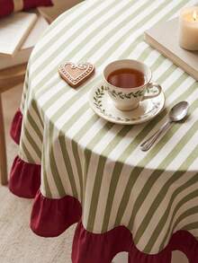 1pc Green & White Thin Striped With Burgundy Ruffle Edge Tablecloth, Christmas Holiday Style Fabric Material, Rectangular Burgundy Ruffle Edge Patchwork Detail, Stain-Resistant Protection, Tabletop Decoration And Beautification Function, Suitable For Christmas Dessert Table Arrangement And Holiday Party Scenes - Red - View 6