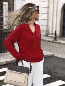 New Arrival Fashion Women's Autumn/Winter Shawl Collar 2-Button Knit Sweater Commuter Long Sleeve Base Layer - Red - View 3