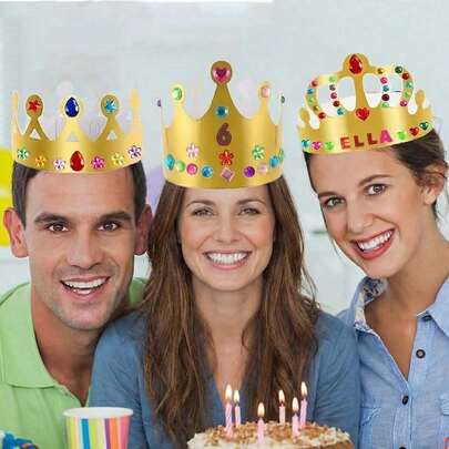 10/1pc Paper Crown Set, Princess Prince King Role Play Paper Crowns, Gold Paper Hats With Gemstone Ornaments, Birthday Party Headwear, Classroom Dress-Up Props, Decor Accessories And Party Small Gifts, Fit For Adults And Teens Gathering,Graduation