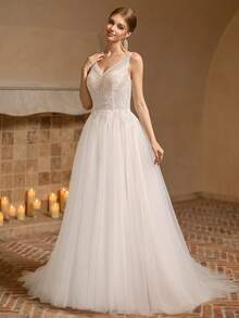 Bridal Wedding Dress, V-Neck Lace Tulle A-Line Long Gown, Ethereal Romantic Ball Gown, Suitable For Wedding Guests And Formal Evening Events - White - View 4