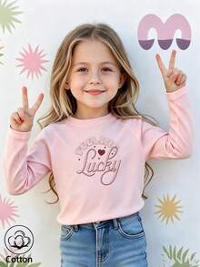 Kids Casual Long Sleeve T-Shirt, Round Neck Raglan Sleeves, Pink With "Feeling Lucky" Print - Baby Pink - View 10