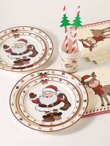 10/20pcs Christmas Disposable Paper Tableware Set (Includes 7" And 9" Plates, Cups, Napkins, Straws), Featuring Vintage Santa Claus, Reindeer, Gingerbread Man, Holly And Candy Cane Holiday Gift Patterns, Suitable For Christmas Parties, Holiday Dinners, Winter Celebrations And Festive Table Decor - Multicolor 4 - View 7