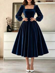 Women's Solid Color Pleated Elegant Cinched Waist Party Long Dress - Navy Blue - View 6
