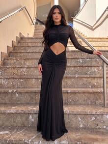Elegant Sexy Women's Sleeveless Deep V-Neck Mesh Backless Knot Long Cocktail Dress - Black - View 4