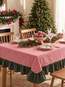 1pc Red & White Classic Small Plaid Blue Bow Print Tablecloth, Traditional Country Style Rectangular Green Leaf Edge Pleated Detail Stain-Resistant Protective Table Cover, Suitable For Christmas Family Gathering And Winter Holiday Dining Room Decor - Red - View 9