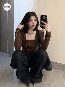 American Style Hot Girl Low Neck Long Sleeve Slim Fit Studded Tube Top 2 Pieces Set - Brown - View 5