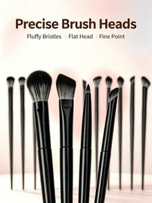 Set Kuas Rias Mata Hitam 11 Buah, Set Kuas Blending Eyeshadow Profesional, Cocok untuk Alis, Kontur Hidung, Concealer, Highlighter, Alat Rias Mata Bulu Sintetis Lembut, Cocok untuk Pemula - Hitam - View 3