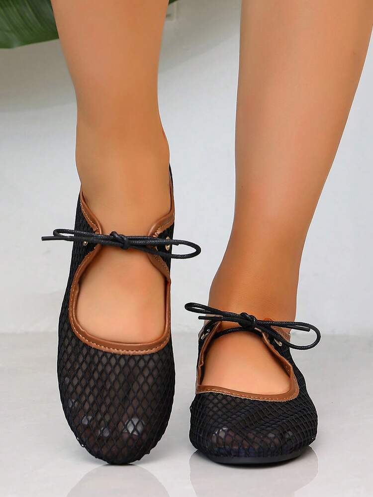 New Women's Fashion Minimalist Black Rhombus Mesh Low Vamp Slip-On Round Toe Lace-Up Bow Flat Soft Sole Commuter Casual Flats - Black - View 8