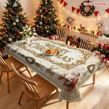 1pc Vintage Christmas Themed Tablecloth, Featuring Santa Claus, Reindeer, Wreath, Red Ribbon, Snowflake And Gold Scrollwork Border, With "Merry Christmas" Text In The Center, Suitable For Dining Table Decor, Kitchen Countertop Decoration, Picnic Camping Mat, Party Scene Creation, Farmhouse Style Accent And Holiday Tabletop Beautification. - Multicolor - View 15