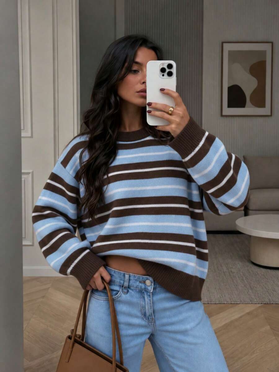Women's Round Neck Multi-Color Striped Long Sleeve Knit Sweater, Autumn/Winter New Casual Daily Top, New Year Style Sweater, Carnival Top