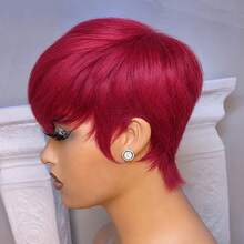 Colored Short Straight Pixie Cut Human Hair Wigs For Women 6 Inch 180% Density Layered Machine Made Wigs With Bangs Black Color 99J# Burgundy Green 613# Blonde BUG Red Color Basic Non Lace Wig Pixie Wig For Daily Wear And Halloween - SBUG - View 4