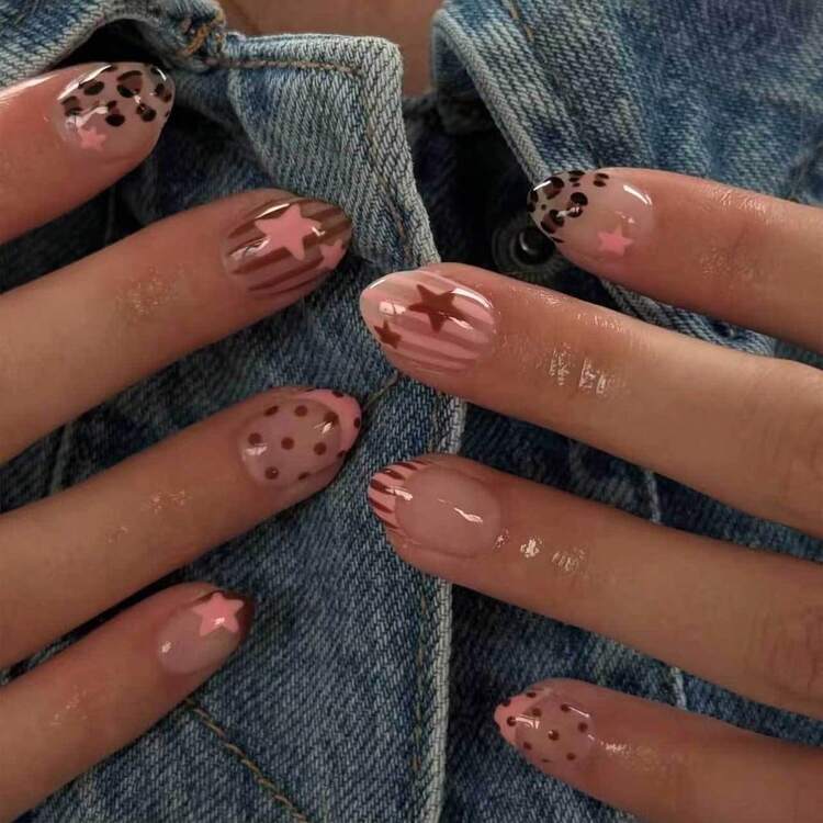 Autumn/Winter Nails, 24pcs/Set Oval Leopard Print Star Stripe Polka Dot Press-On Short Nails Wearable Set Suitable For Hot Girls, Office Women, Parties, Dates And Daily Wear And Party Use - Multicolor - View 7