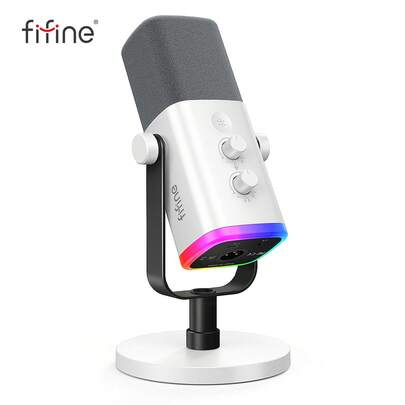 ميكروفون بودكاست ألعاب USB/XLR، ميكروفون ديناميكي مع إضاءة RGB قابلة للتعديل، كتم الصوت باللمس، مقبس سماعة الرأس، حامل مكتبي، مناسب للغناء والألعاب والبث المباشر والبودكاست - FIFINE AM8 أبيض