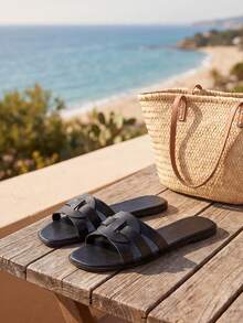 Black Interwoven Cutout Slide Sandals For Women, Elegant Square Open Toe Flat Slippers, Summer Beach Vacation Daily Casual Footwear - Black - View 4