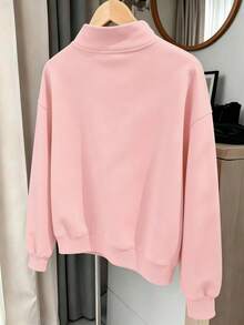 2pcs/Set Girls Half-Zip Polo Collar Letter & Cherry Print Sweatshirt With Casual Wide Leg Pants, Sweet Style Autumn/Winter Outfit - Pink - View 4