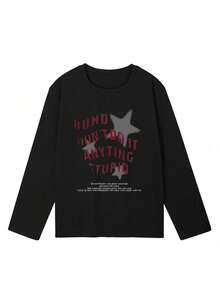 Women's Spring/Autumn Loose Fit Versatile Crew Neck Fashion Top Casual Graffiti Star Letter Print Comfortable Long Sleeve T-Shirt - Black - View 5