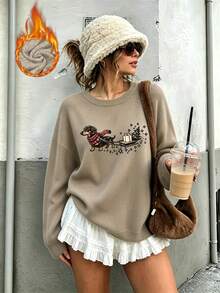 Women's Plus-Size Casual Crew-Neck Faux-Knit Sweater With Dachshund Graphic Print – A Versatile Top For Autumn And Winter, Perfect As A Christmas Gift - Camel - View 8