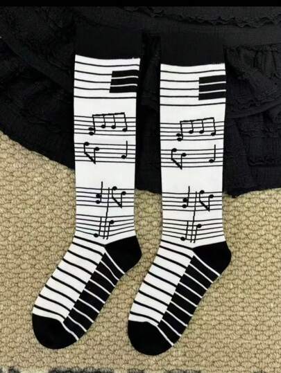 1 par de calcetines de media caña color crema con notas musicales divertidas, estilo Y2K subcultura, calcetines de media caña para chica Lolita, temporada de vuelta al colegio