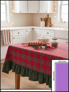 1pc Red & Green Classic Large Plaid Tablecloth, Traditional Country Style, Rectangular Green Leaf Edge With Pleated Details, Stain-Resistant Protective Table Cover, Functional Home Long Tablecloth Suitable For Christmas Family Gatherings And Winter Holiday Kitchen Decor - Red - View 13