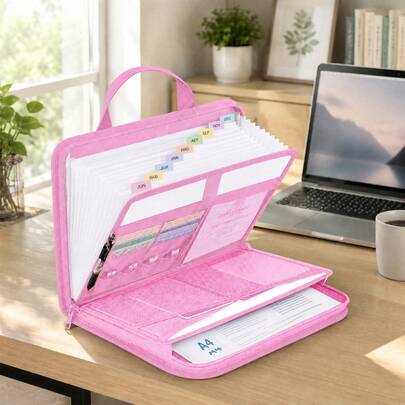 Pink Fire & Water Resistant Document Storage Bag With Reinforced Handles, Multi Compartment Zipper File Organiser For Home Office School