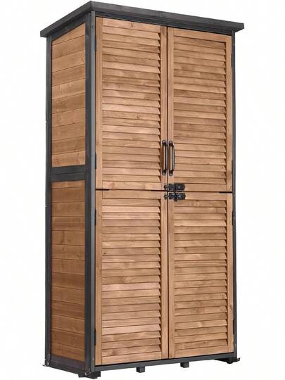 Outdoor Storage Cabinet, Garden Tool Shed Organizer, Backyard Patio Utility Locker, Waterproof Sloped Roof With Metal Frame And Adjustable Shelves, Modern Gray Brown, 1 Piece Set