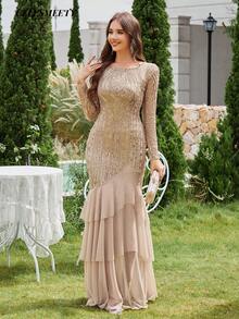 Elegant Champagne Gold Embellished Layered Evening Dress, Suitable For Parties, Gatherings, Holidays, Dates - Champagne Gold - View 2
