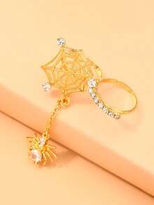 1pc Gold Gothic Spider Web Decor Ring With Spider Pendant & Rhinestones, Punk Halloween Women's Finger Accessory - Spider - View 5