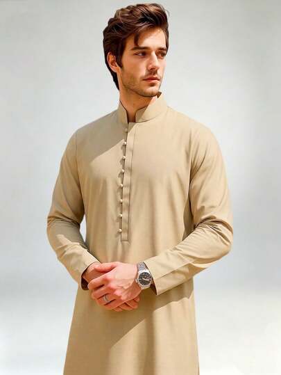 1pc Khaki Men's Traditional Long Robe, Arabic Clothing, Kosa Tribe, African Traditional Attire, Men's Kurta Long Dress, Suit Applicable For Ramadan, Eid, Wedding And Daily Wear