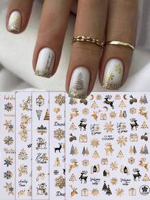 5Pcs Christmas Gold Nail Stickers, Self-Adhesive Metallic Nail Art Decals With Snowflake, Xmas Tree, Reindeer, Snowman & Winter Letter Pattern, Holiday DIY Manicure Decorations Supplies - Multicolor - View 3