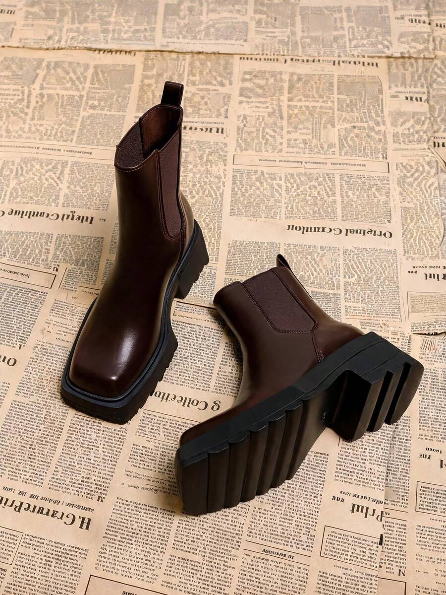 Fashion Square Toe Thick Sole Slip-On Women's Ankle Boots, Autumn/Winter New Mid-Calf Brown Boots - Brown - View 1