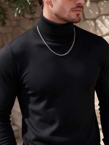 Men's Black Wool Turtleneck Knit Sweater, Slim Fit Solid Color Base Layer, Light Business Casual Inner Top - Black - View 3