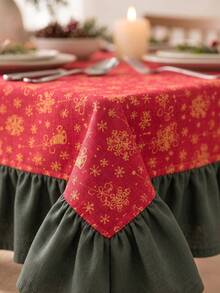 1pc Red Background Gold Christmas Bell Snowflake Print Tablecloth, Traditional Country Style, Rectangular Green Leaf Edge With Pleated Details, Stain-Resistant Protective Tablecloth For Home Long Table, Suitable For Christmas Family Gatherings And Winter Holiday Dining Room Decor - Red - View 3