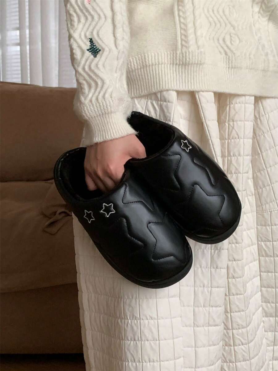 XIXITIAO Star Pattern Closed Toe Slippers, Winter Warm Fashion House Slippers - Black - View 1