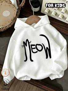 Girls' Hooded Sweatshirt, Cat Line Art Letter Print Long Sleeve Pullover Sweatshirt, Casual Loose Fit Autumn/Winter Style For Tween Girls - White - View 1