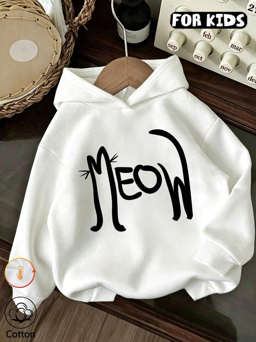 Girls' Hooded Sweatshirt, Cat Line Art Letter Print Long Sleeve Pullover Sweatshirt, Casual Loose Fit Autumn/Winter Style For Tween Girls - White - View 1