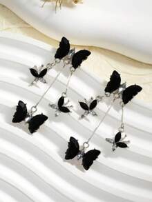 New Butterfly Flying Fairy Tassel Stud Earrings, Exquisite Luxury Elegant Cool High-End Fashion Ear Jewelry - Black - View 3
