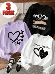 3pcs-Tween Girl Casual Fun Print Crew Neck Pullover Long Sleeve T-Shirt, Autumn/Winter Top - Black - View 1