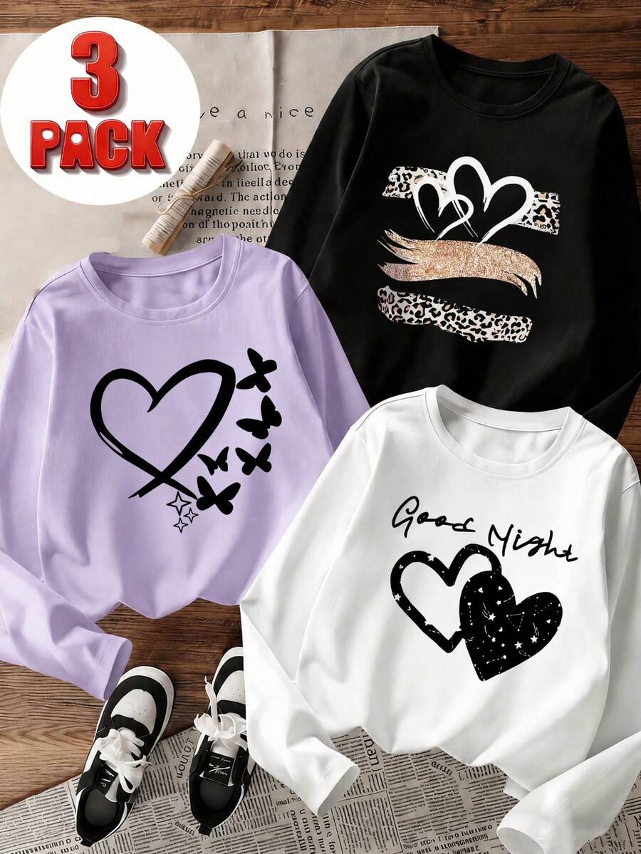 3pcs-Tween Girl Casual Fun Print Crew Neck Pullover Long Sleeve T-Shirt, Autumn/Winter Top - Black - View 1